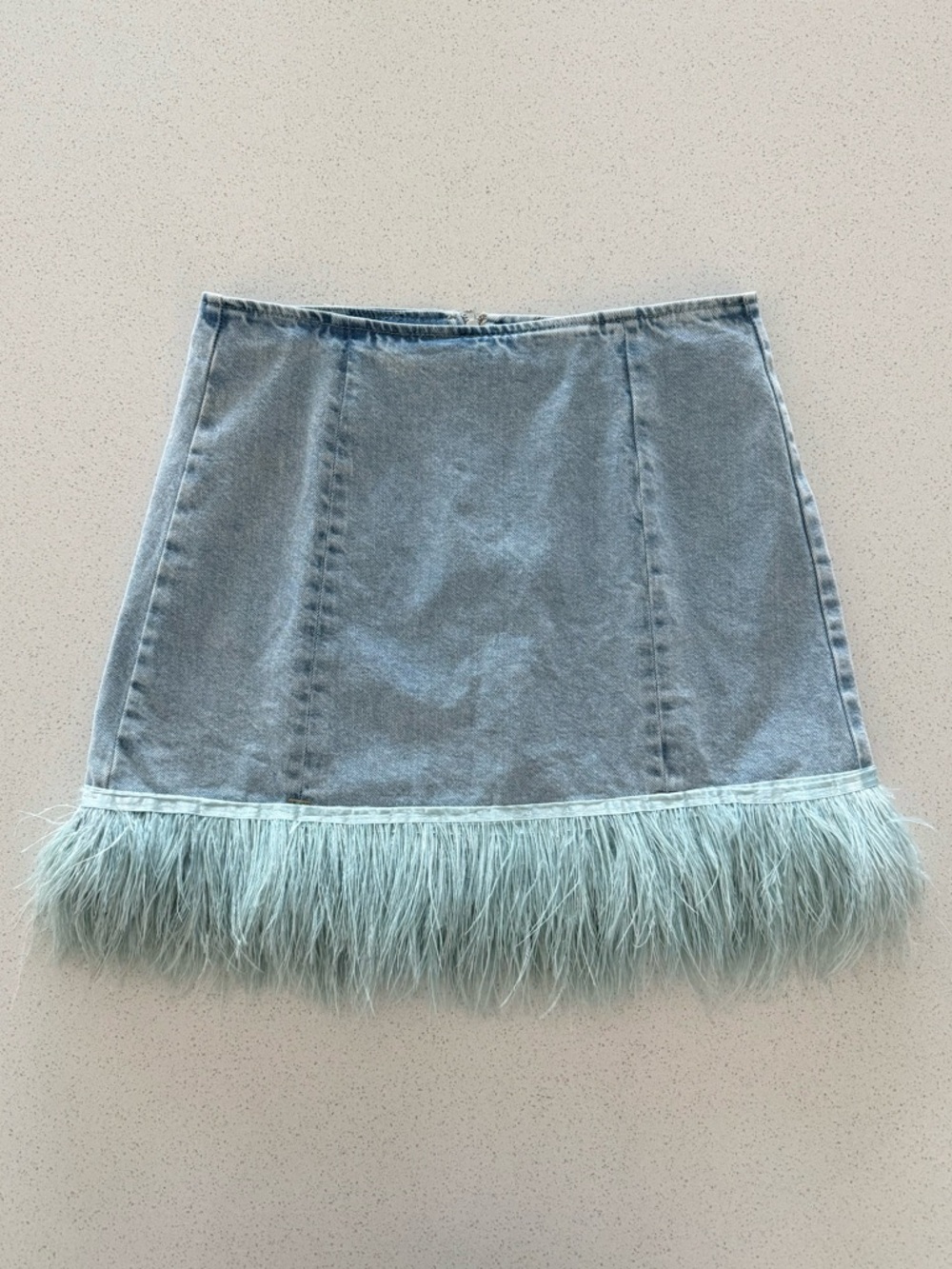 ASOS Pale Blue Denim Mini Skirt with Feather Trim